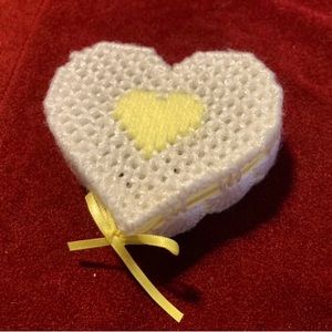 Vintage Hand Embroidered Plastic Canvas Heart Shaped Trinket/Jewelry Box